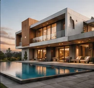 A modern house with a long pool and timber cladding at dusk
